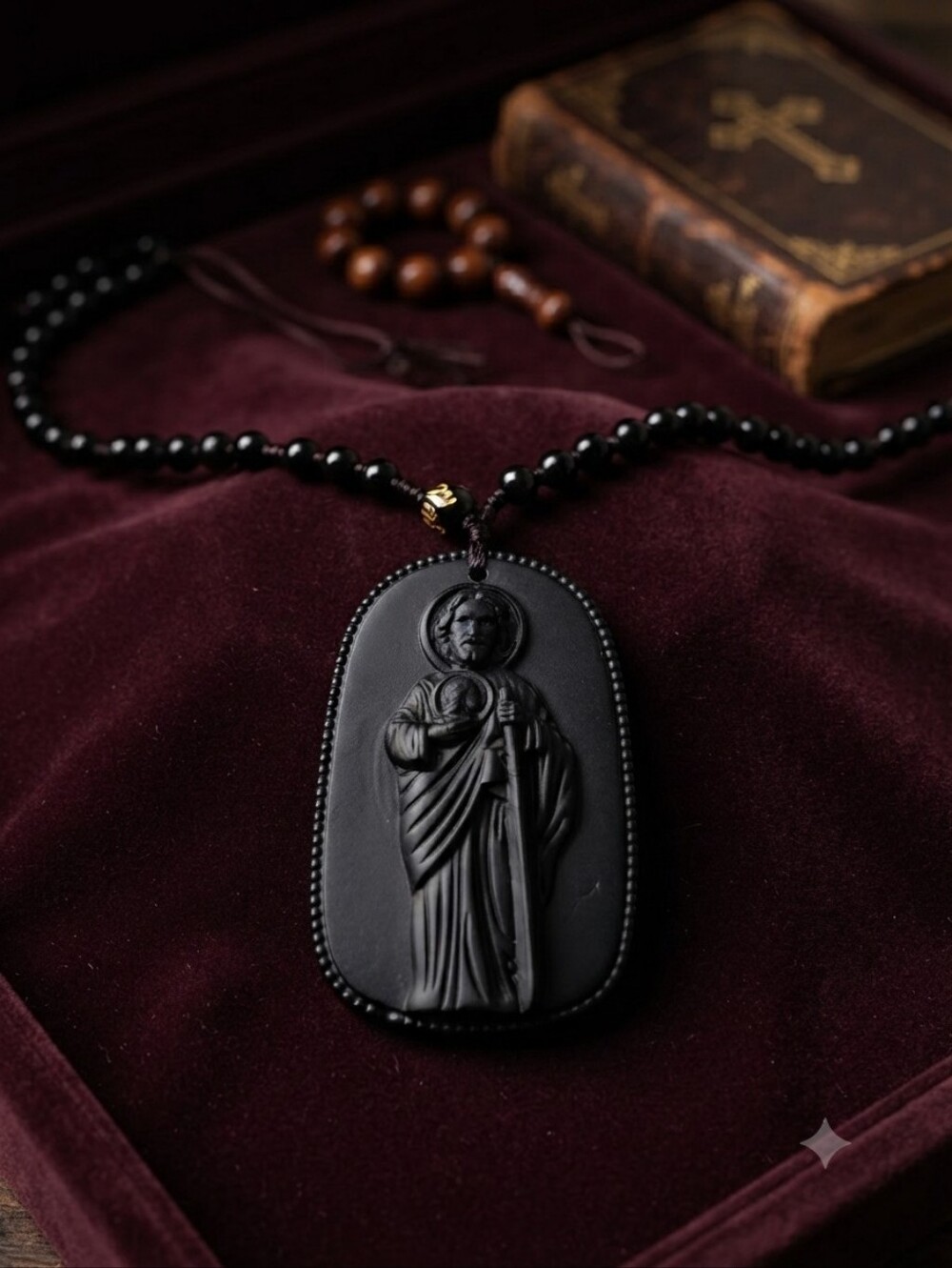 Black‎ Beaded Necklace with Saint Pendant